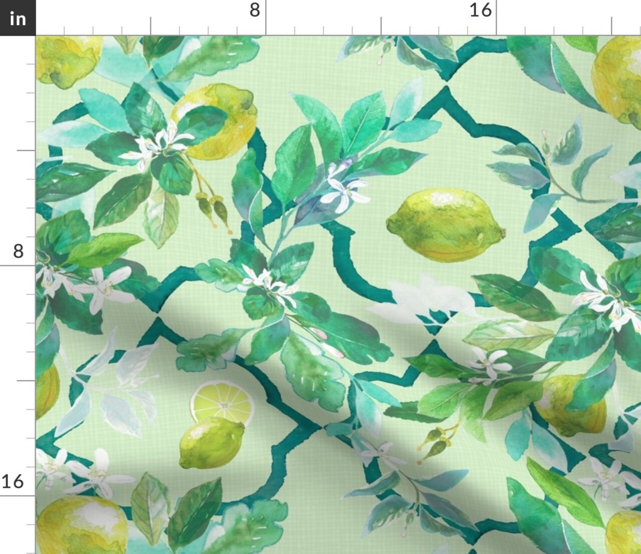 Watercolor Green Blue Yellow Ogee Vintage Italian Custom Printed Fabric by Spoonflower Various Fabrics by the Yard or Fat Quarter